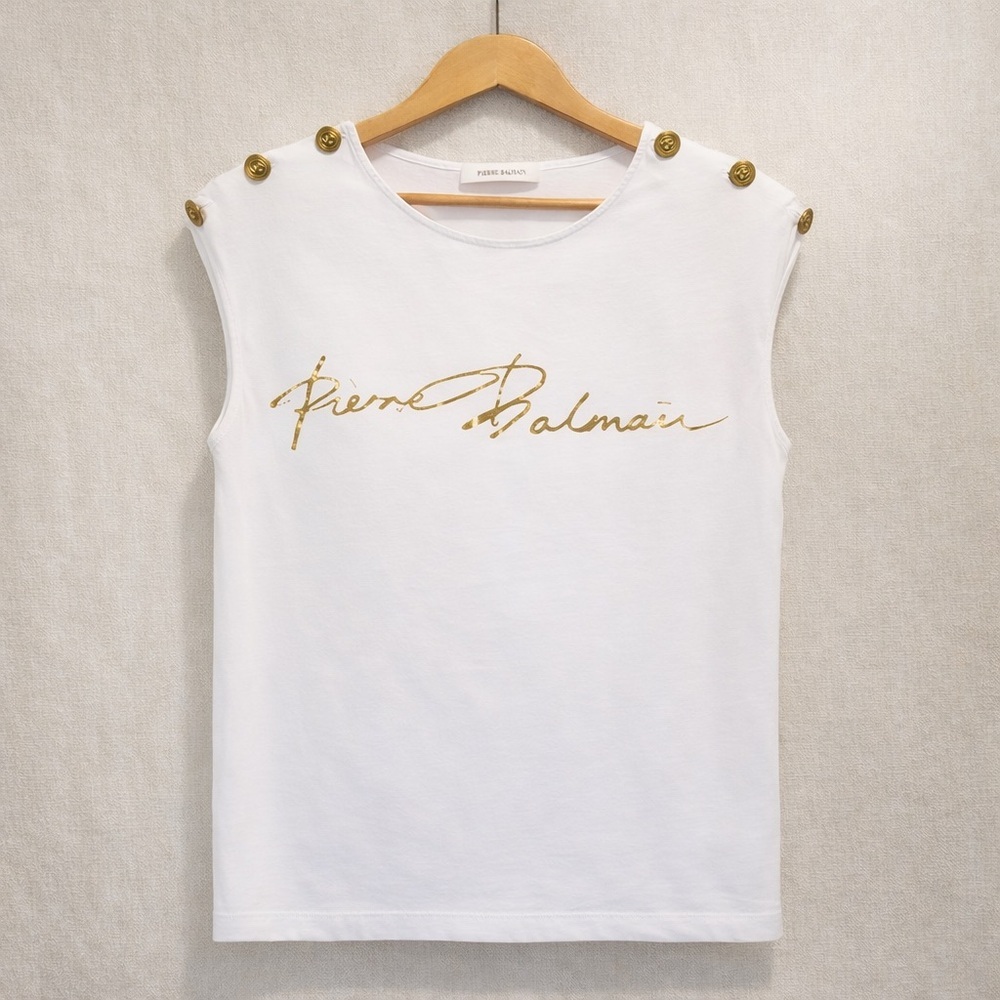 PIERRE BALMAIN Sleeveless Logo Top Cotton Gold Button Shoulder White Tee